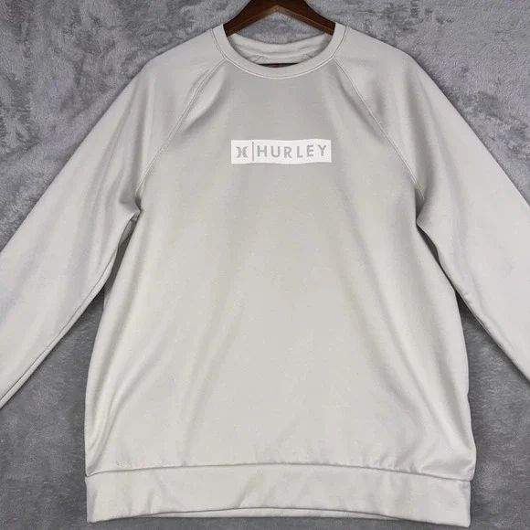 Hurley Sweatshirt Mens Large Cream Beige Crewneck Fleece Retro Surfer Pullover - Picture 2 of 10